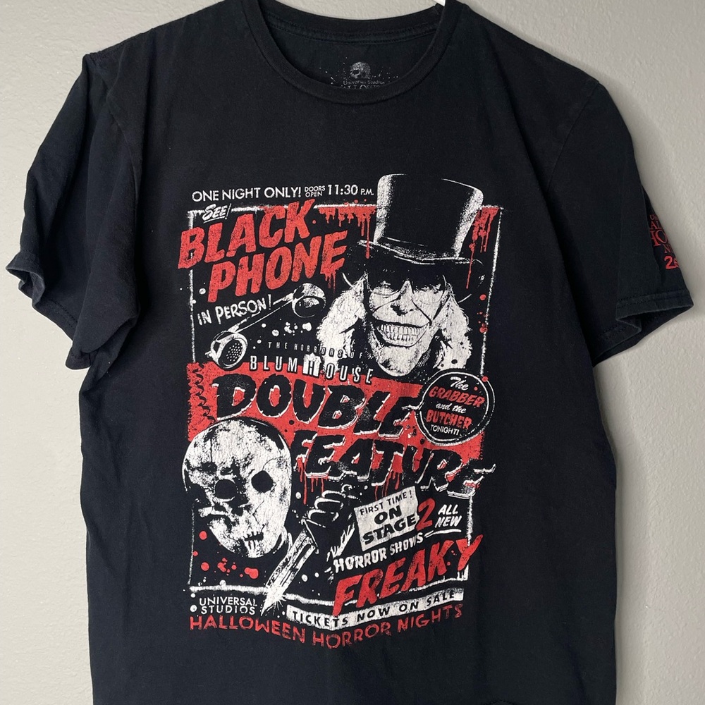 Universal horror nights Black and Red Graphic Tee Blum House Double Feature